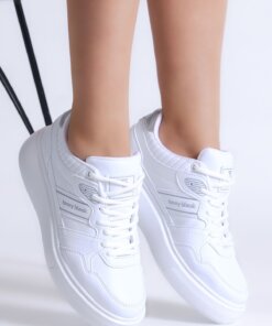 Kadın Beyaz Beyaz Siyah Poli Taban Yanı Şeritli Bağcıklı Sneaker