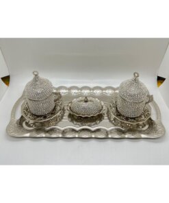 2li Gümüş & Gold Kristal Taşlı Kahve Fincanı Tepsili Lokumluk Söz Nişan Seti