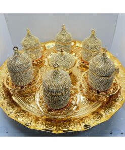 6lı Gold Kristal Taşlı Kahve Fincanı Tepsili Lokumluk Söz Nişan Seti Kutulu
