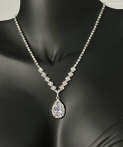 Damla Model Zirkon Taşlı Abiye Kolye Küpe Seti Gelin Nişan Takı Seti