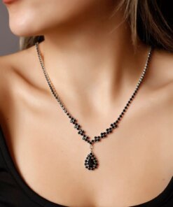 Fark Yaratan Siyah Su Yolu Zirkon Taşlı Kolye Küpe Abiye Set