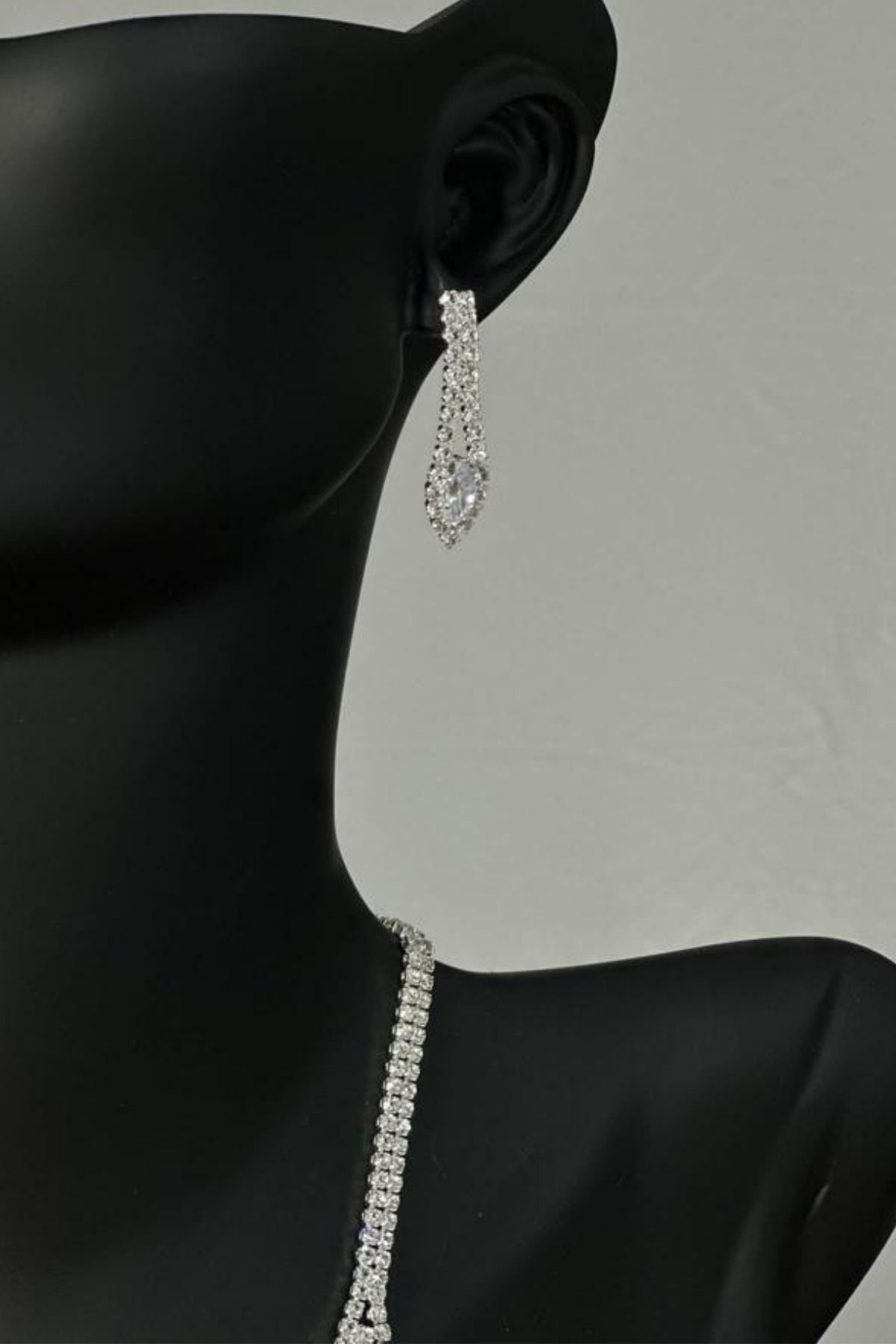 Flower Model Zirkon Taşlı Abiye Kolye Küpe Seti Gelin Nişan Takı Seti