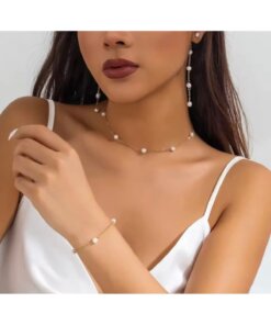 Kadın Gold İnci Sıralı Küpe+Kolye+Bileklik Seti