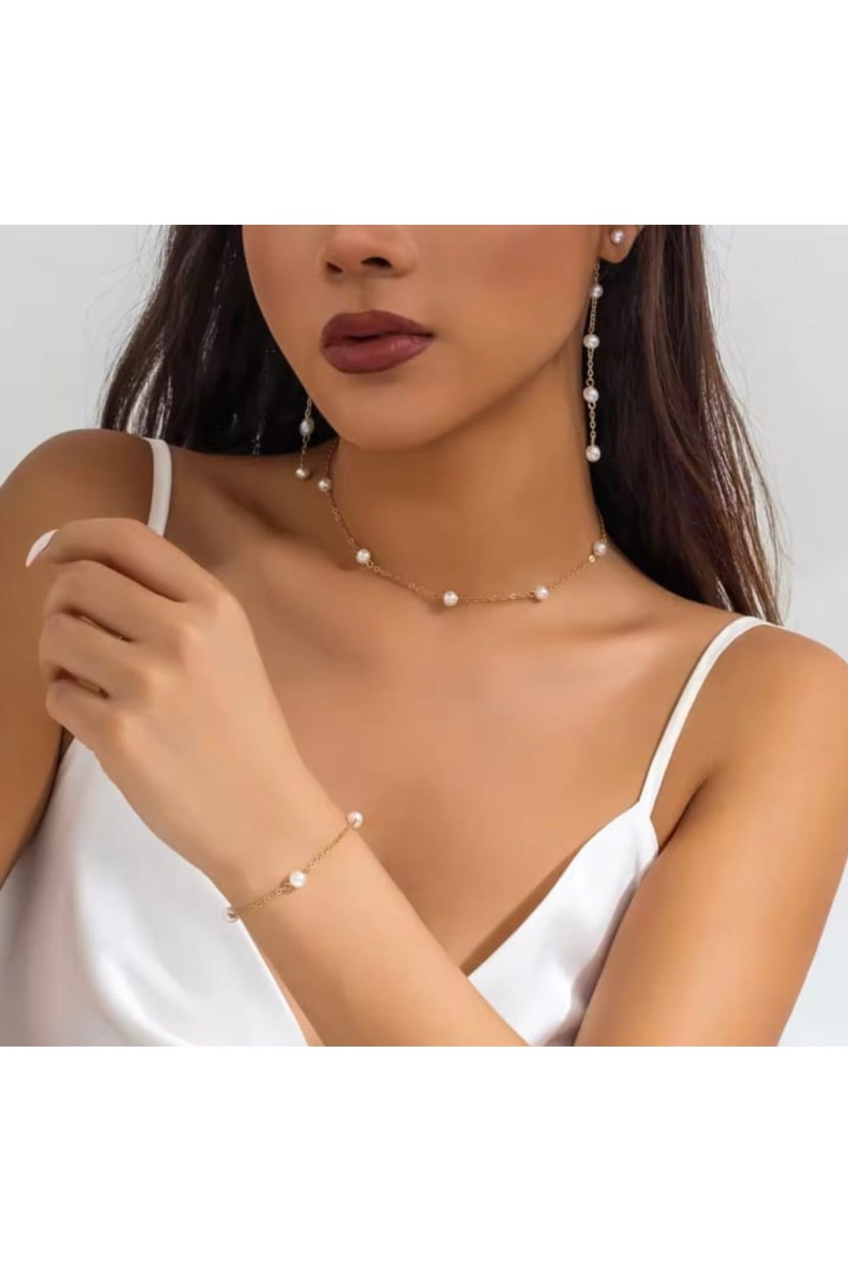 Kadın Gold İnci Sıralı Küpe+Kolye+Bileklik Seti