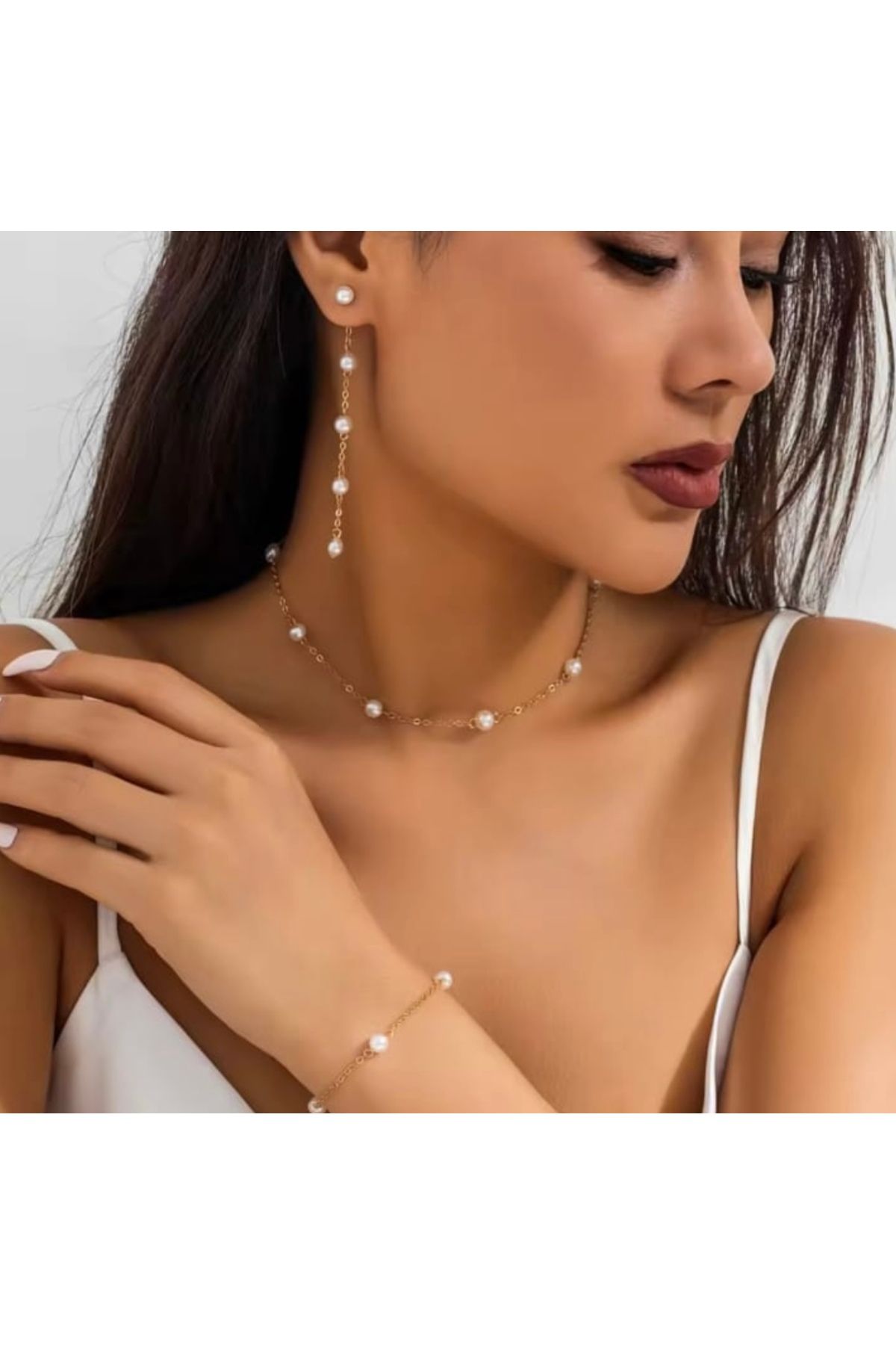 Kadın Gold İnci Sıralı Küpe+Kolye+Bileklik Seti