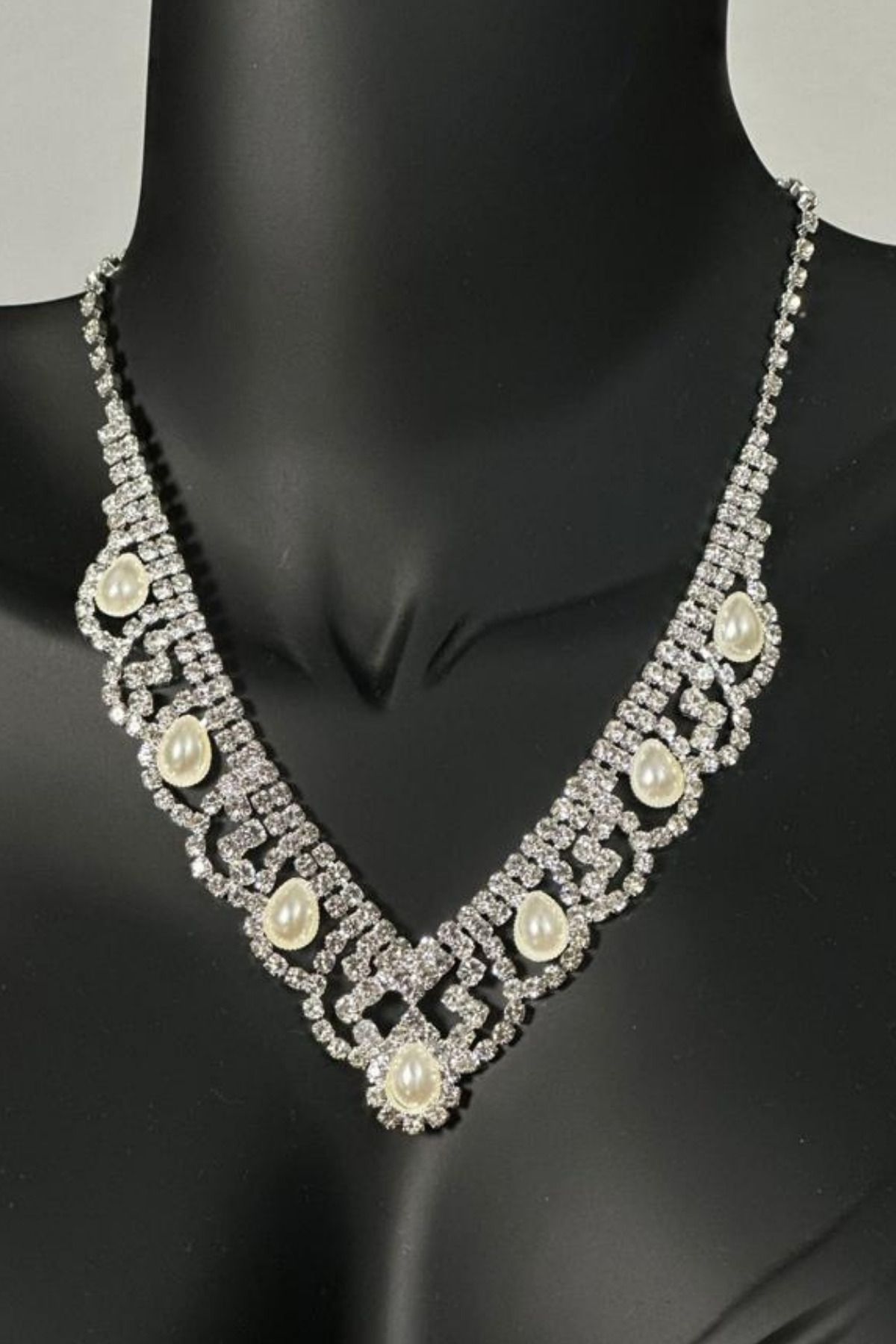 Pearl Model Zirkon Taşlı Abiye Kolye Küpe Seti Gelin Nişan Takı Seti