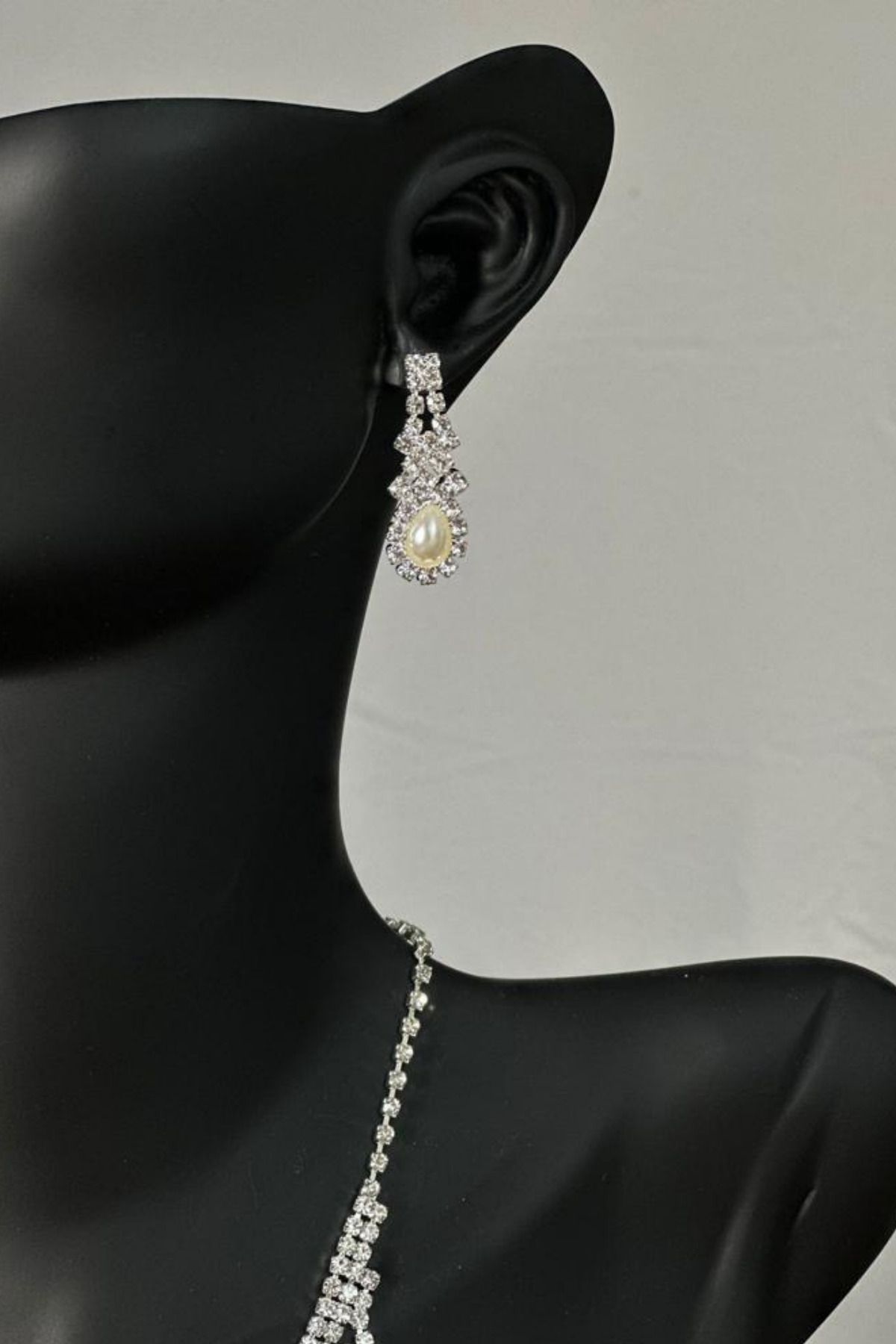 Pearl Model Zirkon Taşlı Abiye Kolye Küpe Seti Gelin Nişan Takı Seti