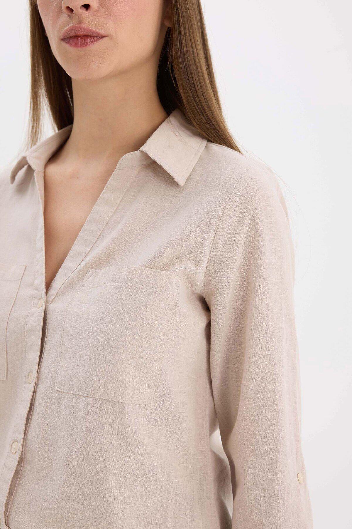 Regular Fit Basic Düz Keten Karışımlı Uzun Kollu Gömlek